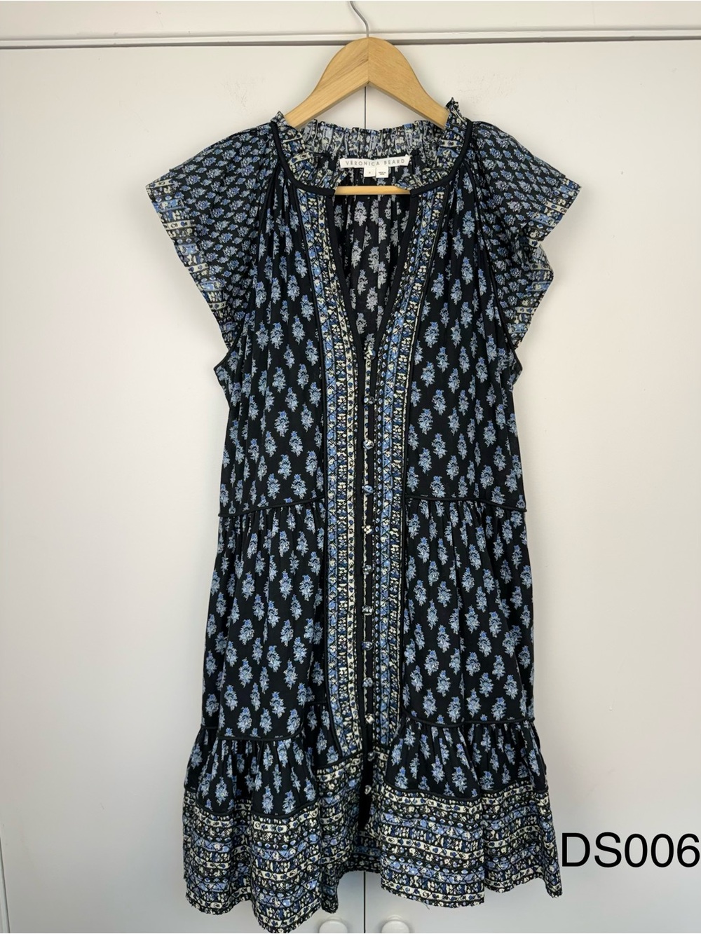 Veronica Beard Amoura Navy Boho Floral Cotton Mini Dress Size 8